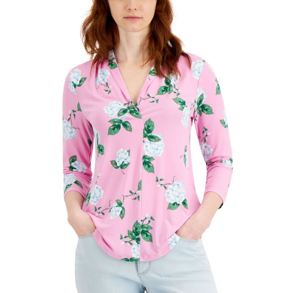 Charter Club Floral Print 3/4 Sleeve Knit Top